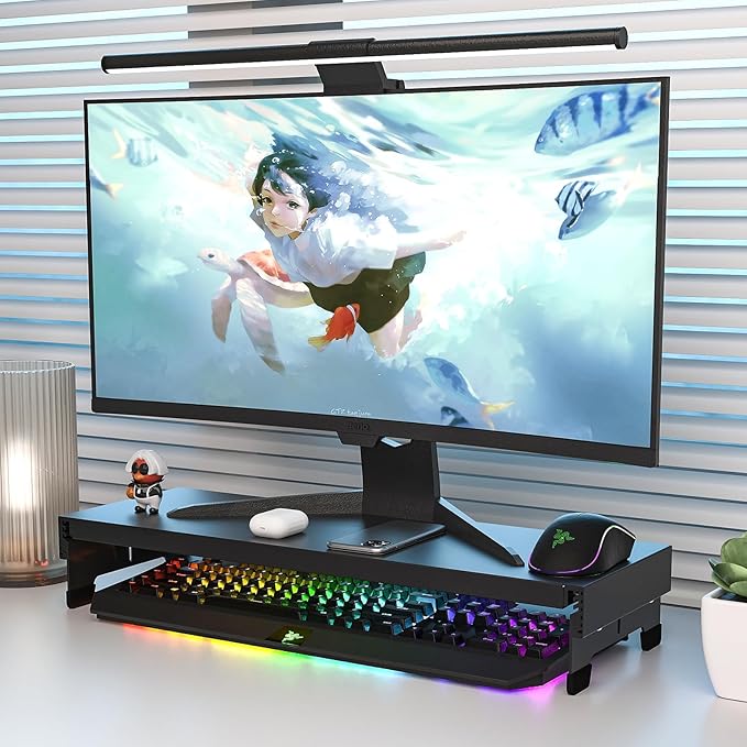 Adjustable Monitor Riser Laptop Stand Riser Metal Desktop Monitor Stand Storage for Office Supplies, Compatible Computer, Desktop, Laptop, Save Space (adjustable black)