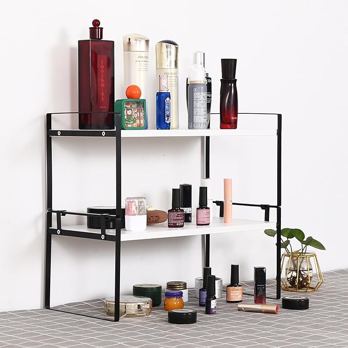 Desk Shelf Organizer for Top of Desk, Detachable 2 Tier Desktop Bookshelf, Wooden Desk Shelves Storage Rack, Small Desktop Shelf for Office Home Dorm, Tabletop Desk Organizer Stand (White+Black)