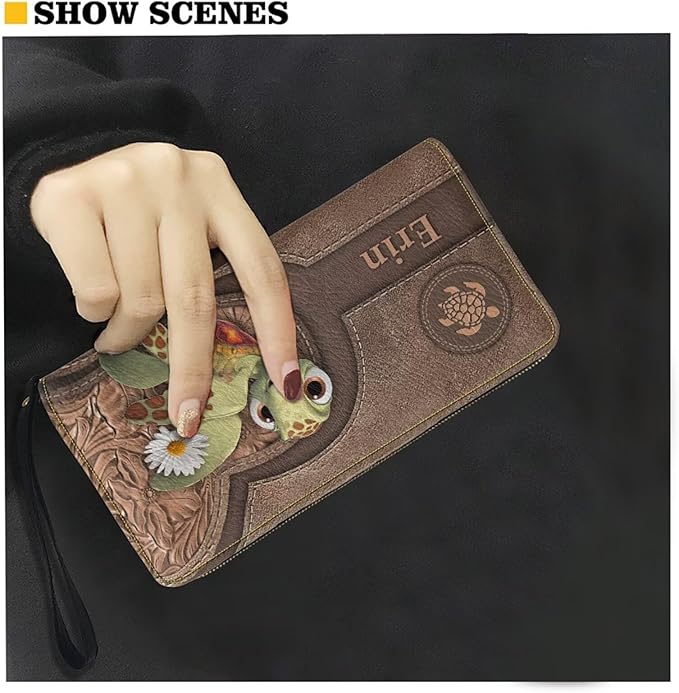 Bulopur Custom Name Wallet for Women Leather Mom's Gifts Sea Turtle Wristlet Wallets Waterproof Minimalist Long Wallet Large Capacity Clutch Purse Coin Cash Holder for Travel Shopping Work