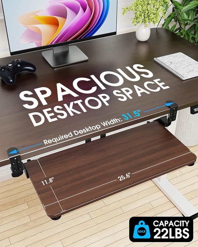 Large Keyboard Tray Under Desk, Pull Out Keyboard & Mouse Tray with Adjustable C-clamp, 25.6(31.5 Including Clamps) x 11.8 Inch Slide Out Computer Keyboard Drawer Mouse Tray for Typing, Walnut