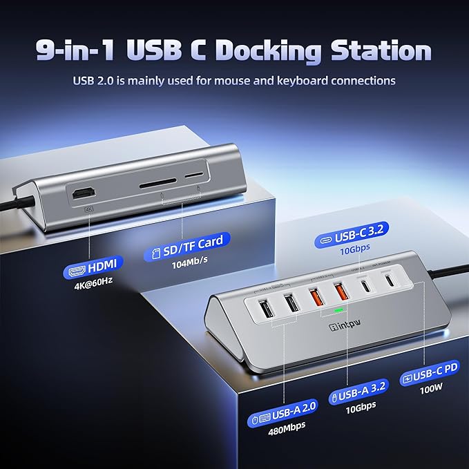 P9 PRO USB C Hub 10Gbps, intpw 9-in-1 USB 3.2 Hub with 4K@60Hz HDMI, 3 USB-A/C 3.2, 2 Type-A 2.0, PD 100W, SD/TF Slot, 3.28FT Aluminum USB Hub for PC, iPhone 16/15 Series, MacBook Air/Pro and More