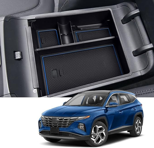 2022 Tucson NX4 Center Console Organizer Compatible with 2022 2023 Santa Cruz Pickup Truck Console Tray, 2022 2023 Tucson NX4 Santa Cruz Armrest Box Insert Tray Accessories (Blue Mats)