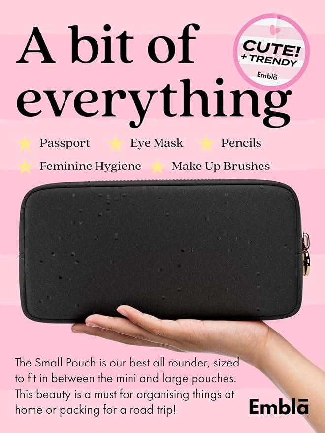 Embla Makeup Bag Travel Cosmetics Pouch and Toiletry Bag, Nylon Zipper Pouch Purse, Cute Make Up Organizer Storage Tote for Women Girls, Waterproof Travel Skincare Case, Small Makeup Bags, Black