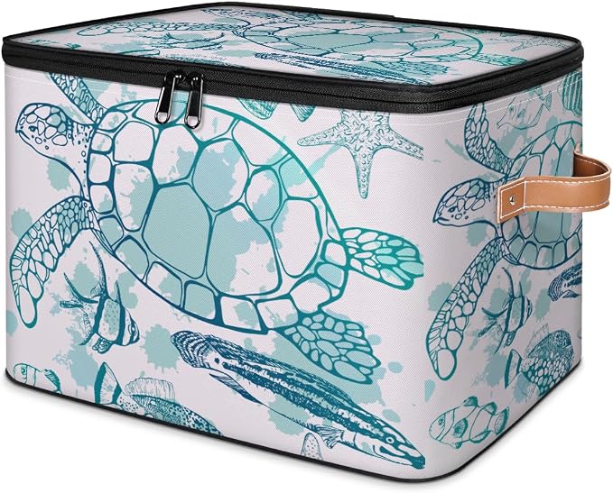 Sea Turtle Storage Basket for Bedroom Kitchen Bathroom Storage Bins with Lids Collapsible Toy Cube Storage Organizer for Kid Teen Women Men