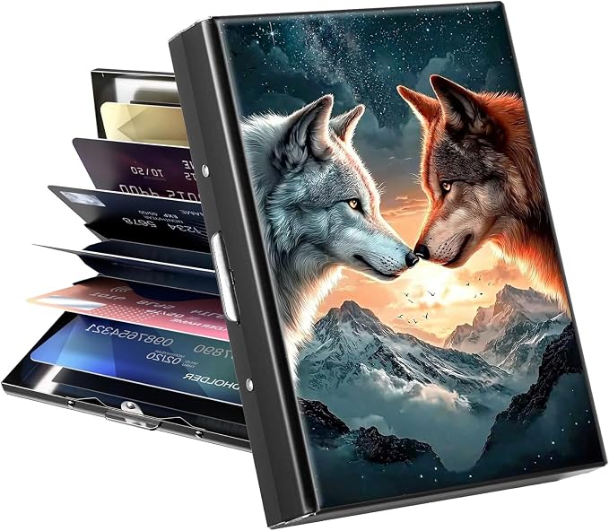 Metal Wallet, Credit Card Holder for Women Men Girls, RFID Blocking Aluminum Wallet Slim Hard Case, Mini Travel Wallet, ID Card Holder Business Card Case,Galaxy Wolf Mountain