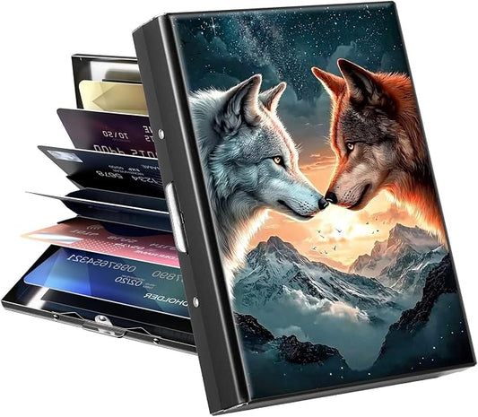 Metal Wallet, Credit Card Holder for Women Men Girls, RFID Blocking Aluminum Wallet Slim Hard Case, Mini Travel Wallet, ID Card Holder Business Card Case,Galaxy Wolf Mountain