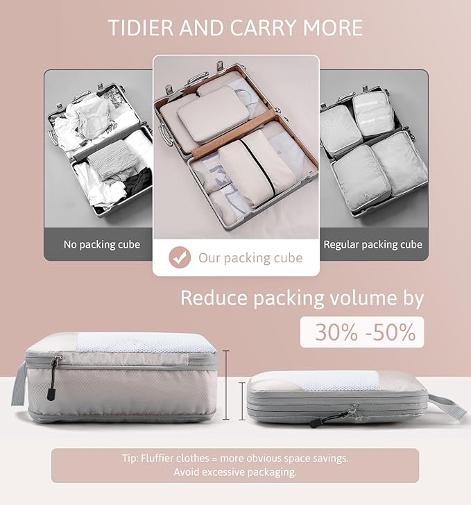 Meowoo 7 Set Compression Packing Cubes for Travel, Durable Ripstop Mesh Suitcase Organizer with Shoe Bag, Ultralight & Expandable Space Saver Travel Cubes