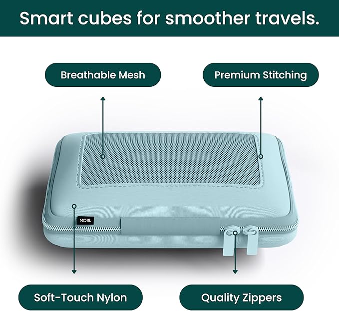 NOBL Travel Compressible Packing Cubes Set, 6 Pieces Travel Packing Organizers, Compression Luggage Cubes for Suitcases & Carry On, Space Saving (XXS, XS, S, M, L, XL) - Powder Blue
