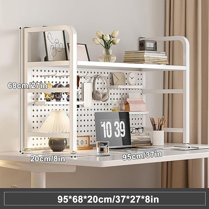 Desk Extender, Desk Organizer Shelf, Peg Doard Display Stan, Load Bearing Capacity 50kg/110lb, Desk Extender Pegboard Workstation, for Table Accessories(White,95x68x20cm/37x27x8in)