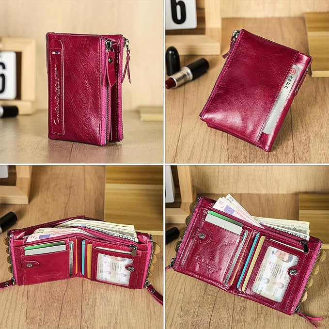 CONTACTS Soft Leather Wallet for Women Small Bifold Coin Purse Double Zipper Card Holder with RFID Blocking (Purplish Red)