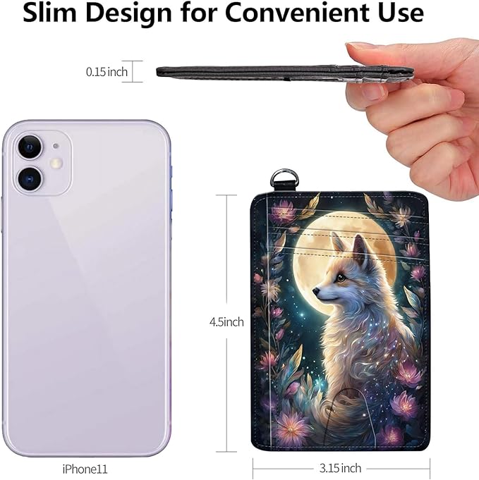 Slim RFID Blocking Card Holder Wallet with Wrist Strap - Minimalist Front Pocket Wallet, Fox Moon Design, PU Leathe, for Men & Women, Ideal for Travel & Gifts