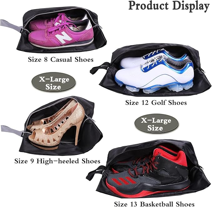 YAMIU Travel Shoe Bags Set of 2 Waterproof Nylon with Zipper for Men & Women (Black)