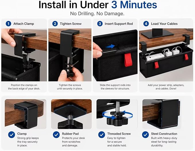 Under Desk Cable Management Tray, 90CM Extra Large, No-Drill Clamp Mount Cable Organizer, Hide Power Strips, Adapters & Wires, Easy Access Fabric Cable Basket for Standing Desks & Home Offices