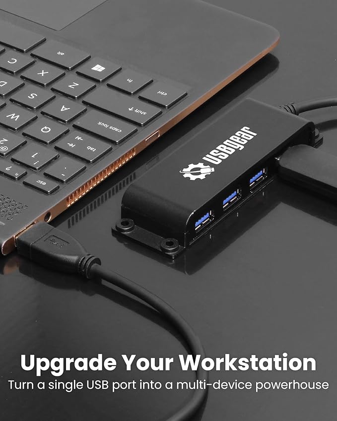 USBGear 4-Port USB 3.2 Hub, Ultra-Compact Data Transfer 10gbps USB-A Hub with 3.3 ft Integrated Extension Cable and Built-in Mounting [No Charging] for Mac, PC, Mobile HDD, Flash Drives