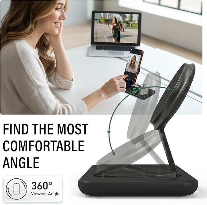Nimble Podium 3-in-1 Wireless Charging Station for Apple, Qi2-Certified 15W Magsafe Charger Stand, Wireless Charger for iPhone 17 16 15 14 13 - Apple Watch - Airpods Series (Charger & USB-C Included)