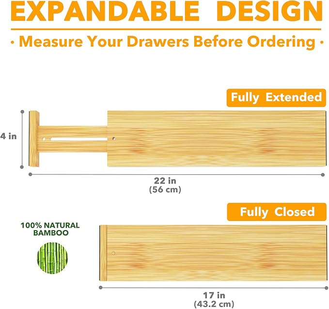 SpaceAid 4“ High Bamboo Deep Drawer Dividers with Labels, Kitchen Adjustable Drawer Organizers, Expandable Organization for Home, Office, Dressers and Bathroom, 2 Dividers (17-22 in)