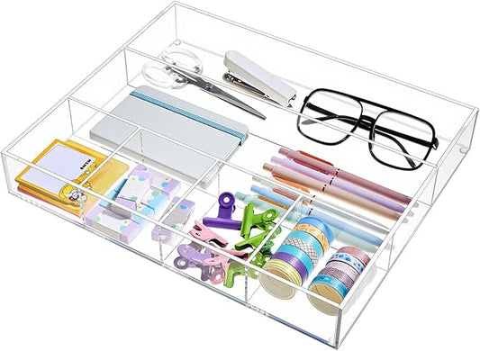 Large Acrylic Desk Deep Drawer Organizer with Adjustable Dividers, Anti-skip Clear Desk Top Junk Drawer Storage Tray for Pens, Desktop, Office, Bathroom, Kitchen, Makeup Supplies(6 Compartments)