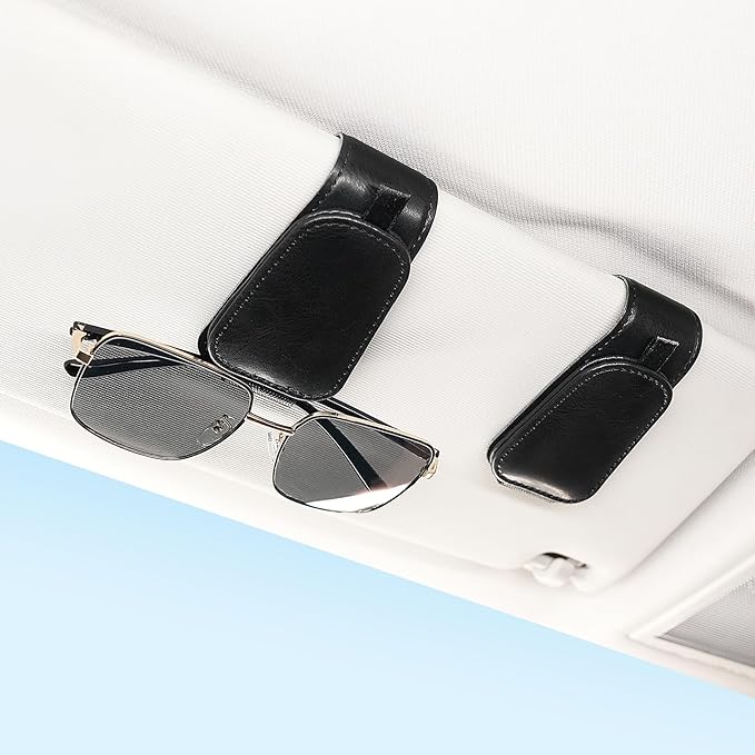 SINGARO 1 Pack Sunglass Holder for Car Visor Sunglasses Holder Clip, Universal Non-Slip Magnetic Leather Glasses Eyeglasses Hanger Mounter, Truck Interior Car Visor Accessories for Woman Man, Black