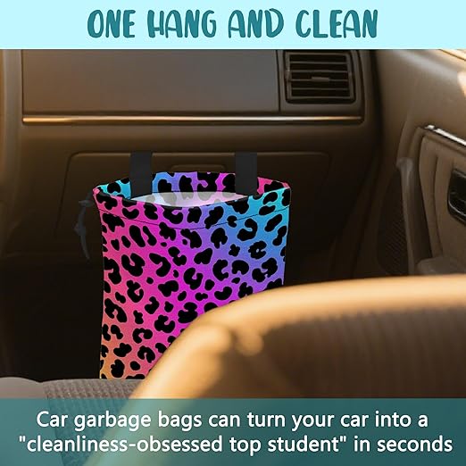 Car Garbage Bag Rainbow Cheetah Leopard Print Drawstring Car Trash Bag Hanging for Back Seat with Adjustable Buckle Canvas Vehicle Trash Can Easy-to-Install
