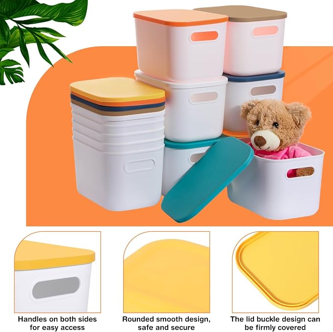 Thyle 12 Pack White Plastic Storage Bins with Lids, Back to School Stackable Storage Container with Handle Label for Organizing Toy Craft for Classroom Shelf Bedroom Office 10 x 7 x 6 Inch
