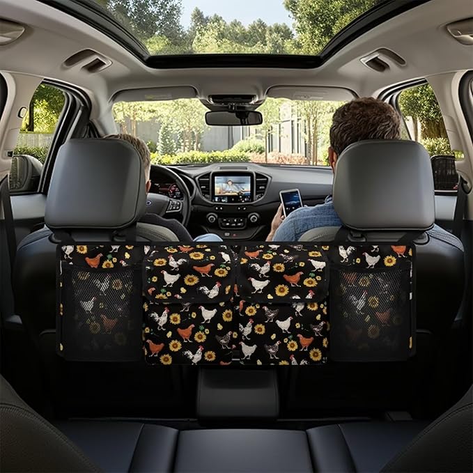 Sunflower Chicken Car Trunk Organizers for Women Back Seat Trunk Organizer Hanging Car Organizer Foldable Storage Bag with Adjustable Stra & 4 Pocket
