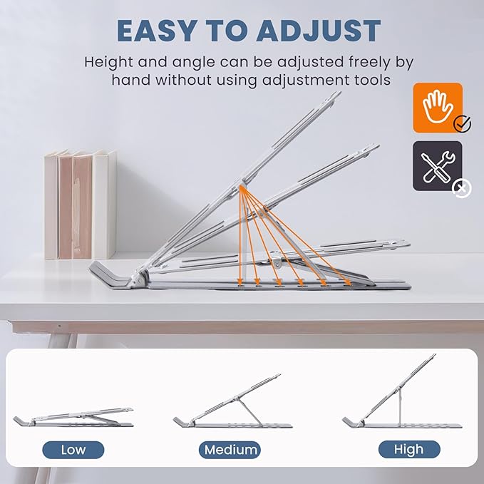 Portable Laptop Stand, Adjustable Ergonomic Aluminium Laptop Mount Stand, Detachable Notebook Riser Holder for Desk Compatible with MacBook, Dell, Lenovo More 10-15.6" Laptops-Silver