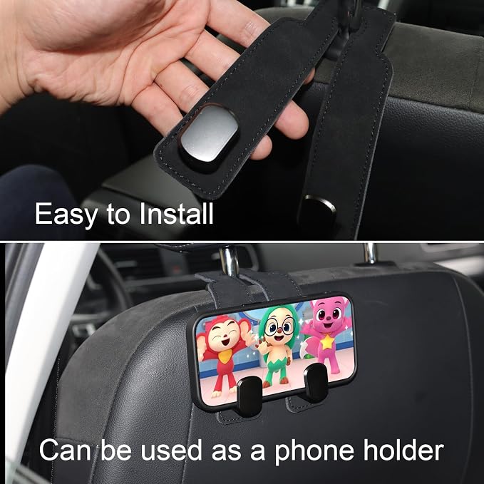 Car Seat Hooks for Headrest, Purse Hook & Back Storage Hook, Zinc Alloy & Suede Material Heavy Duty Car Hooks for Purses and Bags,Universal Fit for Most Vehicles (Black-2 Pack)