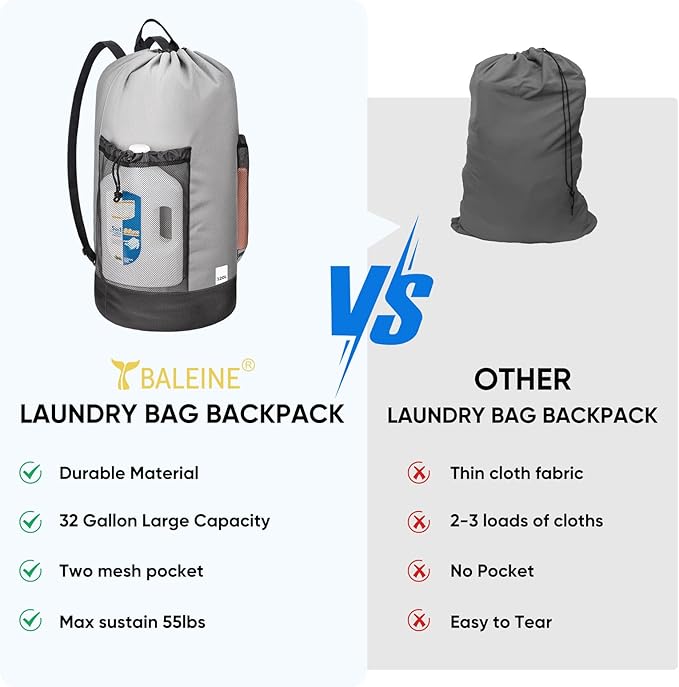 BALEINE 2PK 150L Laundry Bag Backpack, 900D Oxford Fabric Large Travel Laundry Bags with Shoulder Straps and 2 Mesh Pockets for College Dorm, Apartment, Laundromat (Gray, 150L)