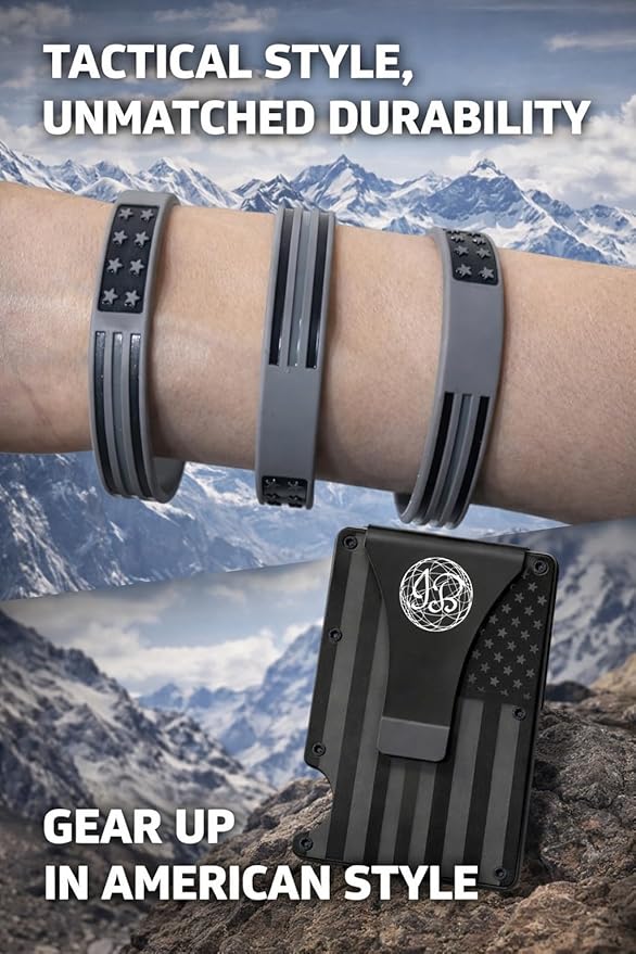 Black & Gray American Flag Engraved, Minimalist Wallet, RFID Blocking Aluminum Slim Wallet (Gray Strap with 3 V.Band)