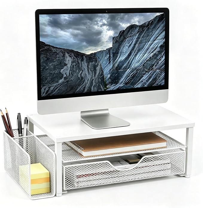 Spacrea Desk Organizer and Accessories, Computer Monitor Stand Riser with Drawer and 1 Open Pen Holder, Printer & Laptop Stand, Office Desk Accessories for Home Office Supplies (White)