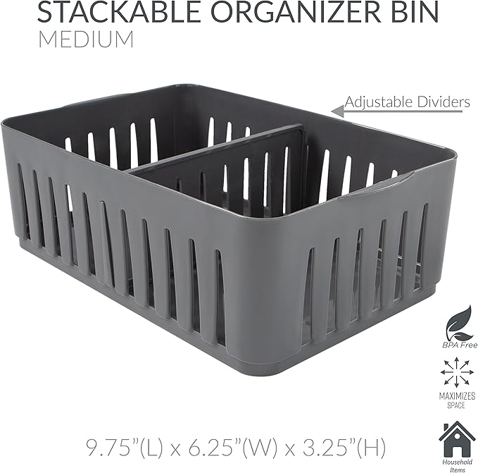 Simplify 4 Pack 3 Compartment Stackable Bin with Adjustable Dividers | Drawer Organizer | Storage Basket | Good for Office | Desk Supplies | Dorm | Bathroom | Accessories | Make Up | Grey