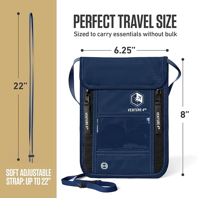VENTURE 4TH Neck Wallet for Women & Men – RFID Blocking Passport Holder for Travel, Hidden Neck Pouch with 6 Compartments, Slim Lightweight Travel Organizer with Adjustable Strap (Navy Blue)