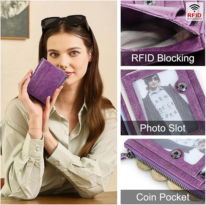 CONTACTS Soft Leather Wallet for Women Small Bifold Coin Purse Double Zipper Card Holder with RFID Blocking (Purple)