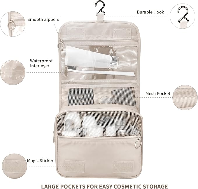 Large Capacity Toiletry Bag Travel Bag with Hanging Hook for Men and Women Waterproof Travel Cosmetic Bag Bathroom Storage Bag for Brushes Set, Full-Sized Shampoo,Accessories(Beige)