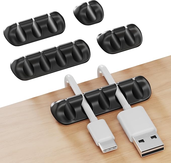 GLUIT Cord Organizer for Desk, Cable Holder for Nightstand, Charger Organizer, Adhesive Desktop Wire Clips, Multislot Cable Management, Table Organizer Accessories - 5 Pack, 15 Slots, Black