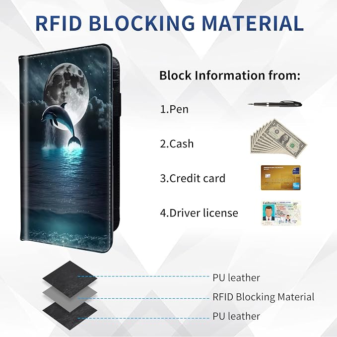 DEGDFSGR Checkbook Cover - Premium Leather Standard Duplicate Register Check Card Book Holder Wallet with RFID Blocking Function for Girl Men Women,Dolphin Moon Night