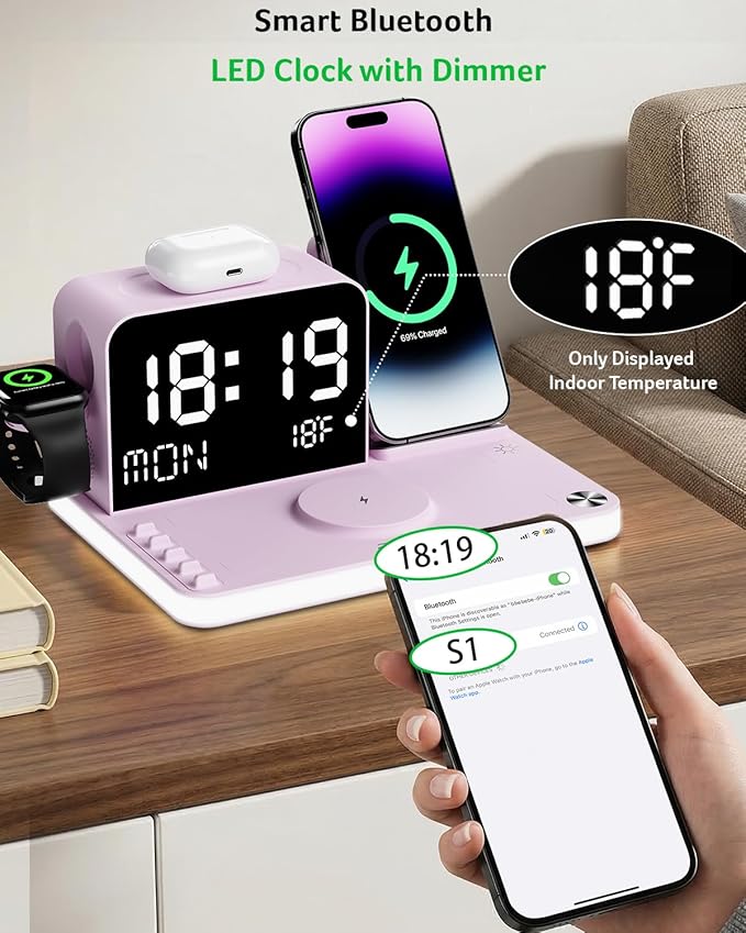 Acer 7-in-1 Wireless Charging Station with LED Clock - 30W Fast Wireless Charger for iPhone 16/15/14/13/12/Pro Max, Apple Watch, AirPods - Bluetooth Auto Time Sync & Night Lights (Purple)