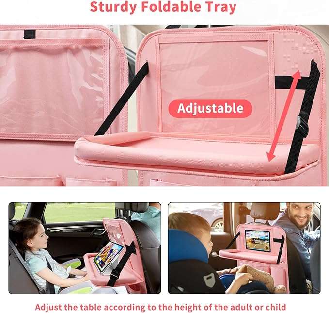 Car Backseat Organizer with Tray, Seat Back Table Holder with 6 Storage Pockets, Car Seat Back Protectors Kick Mats Travel Accessories, 2 Pack Pink