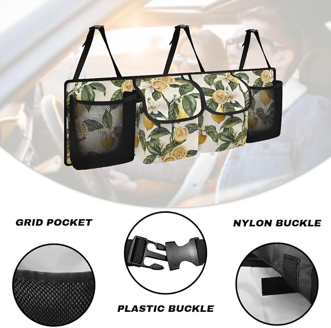 Retro Lemon Trunk Organizer for SUV Back Seat Car Hanging Cargo Storage Bag 4 Pockets Car Accessories for Women Interior