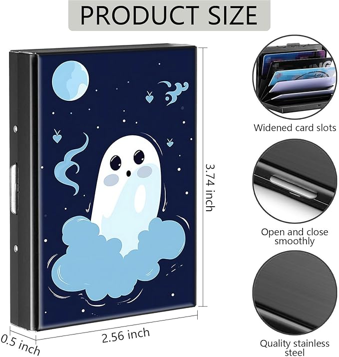 Credit Card Holder, Cute Small Spooky Halloween Design Mini RFID Blocking Aluminum Wallet Slim Metal Hard Case Shell Travel Wallet ID Case Small Credit Cards Case Business Cards for Women Men