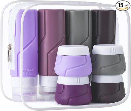 Travel Bottles - 15 Pack, TSA Approved Travel Size Toiletries, Leak Proof Silicone Squeezable Containers in Clear Bag(Purple)