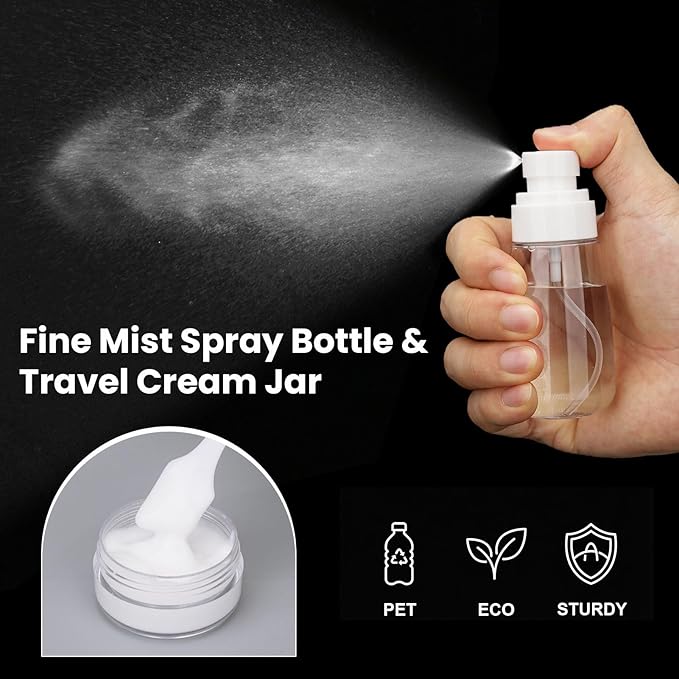 Travel Bottles for Toiletries 14PCS 3.4oz Pre-Printed Shampoo, Conditioner, Body Wash, Wide Mouth Containers TSA Approved 2oz Travel Spray Bottle Leak Proof 0.35oz Plastic Cream Jars(White)