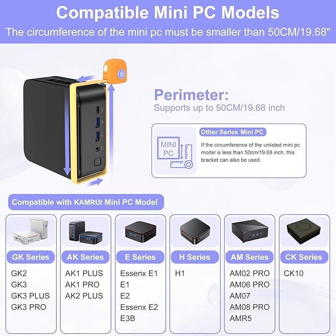 Universal Mini PC Mount for KAMRUI Mini PC, Wall and VESA Mount for KAMRUI GK2, GK3PLUS/PRO, AK1PLUS/PRO, AK2PLUS, E1Essenx E1, E2Essenx E2, E3B, H1, AM02PRO, AM06PRO with Adjustable Strap and Screws