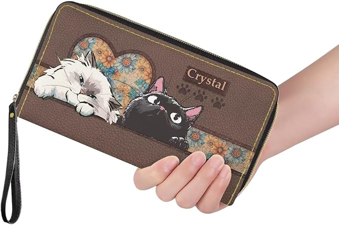 Bulopur Custom Name Wallet for Women Zip Around Clutch Purse PU Leather Waterproof Travel Wallet Passport Holder Ladies Handbags Gifts for Cat Lovers