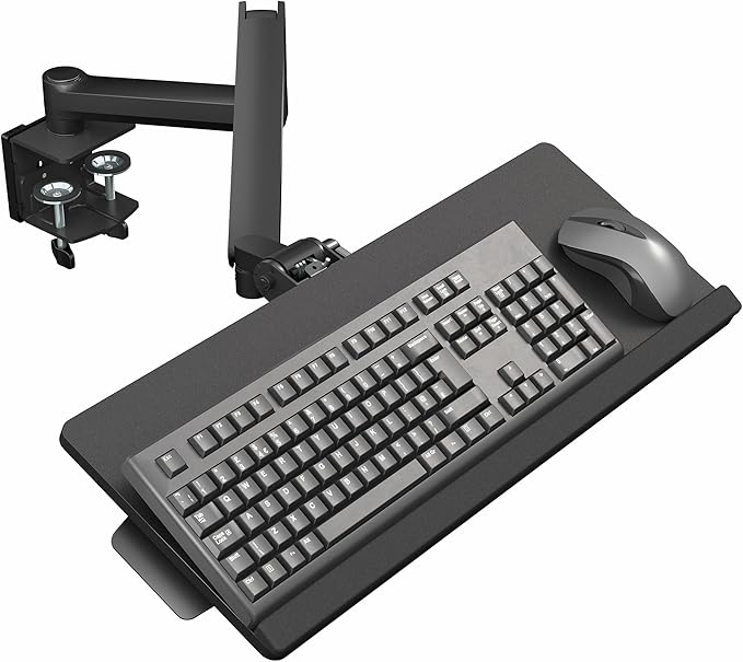 VIVO Sit-Stand 24 Inch Pneumatic Spring Keyboard and Mouse Tray Clamp-on Desk Mount, Counterbalance Height Adjustable Typing Platform, Ergonomic Tilt, Black, MOUNT-KB35CP