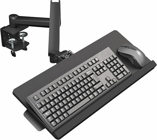 VIVO Sit-Stand 24 Inch Pneumatic Spring Keyboard and Mouse Tray Clamp-on Desk Mount, Counterbalance Height Adjustable Typing Platform, Ergonomic Tilt, Black, MOUNT-KB35CP