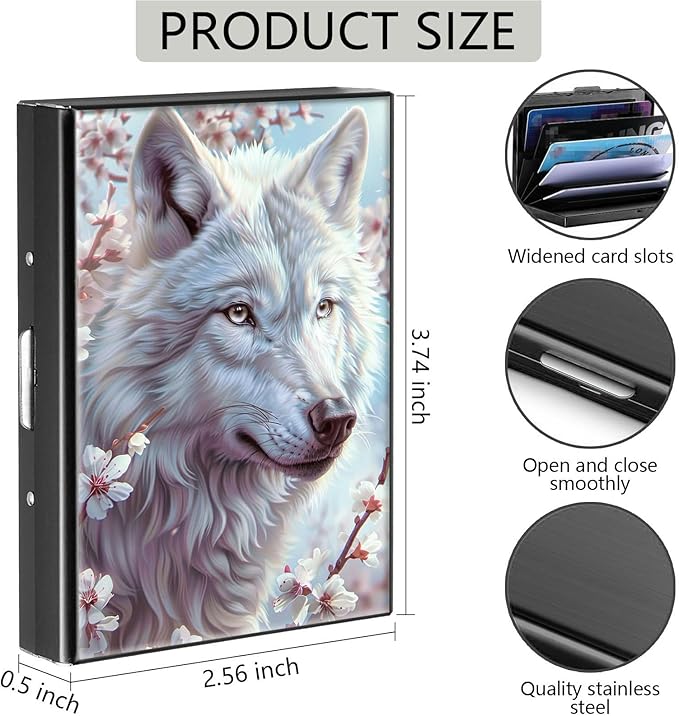Credit Card Holder, Cute Wolf Design Mini RFID Blocking Aluminum Wallet Slim Metal Hard Case Shell Travel Wallet ID Case Small Credit Cards Case Business Cards for Women Men Girls