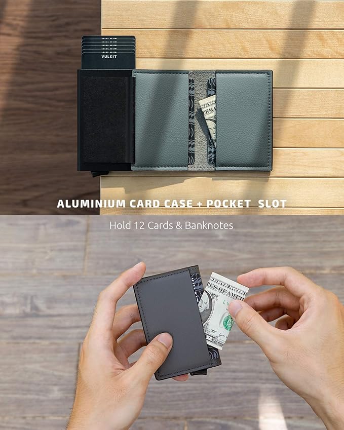 VULKIT Credit Card Holder RFID Blocking Leather Automatic Pop Up Wallet Aluminum Pocket Business Card Case