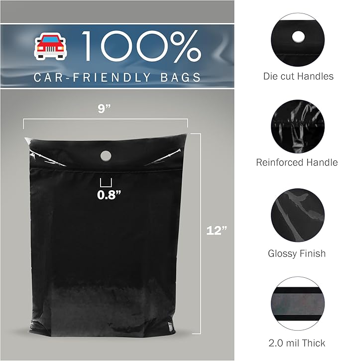 9x12 Black Disposable Car Trash Bags, Leak-proof, Small Size, 50 Pack, 2 Mil Thick, with Die-Cut Handles by PPB