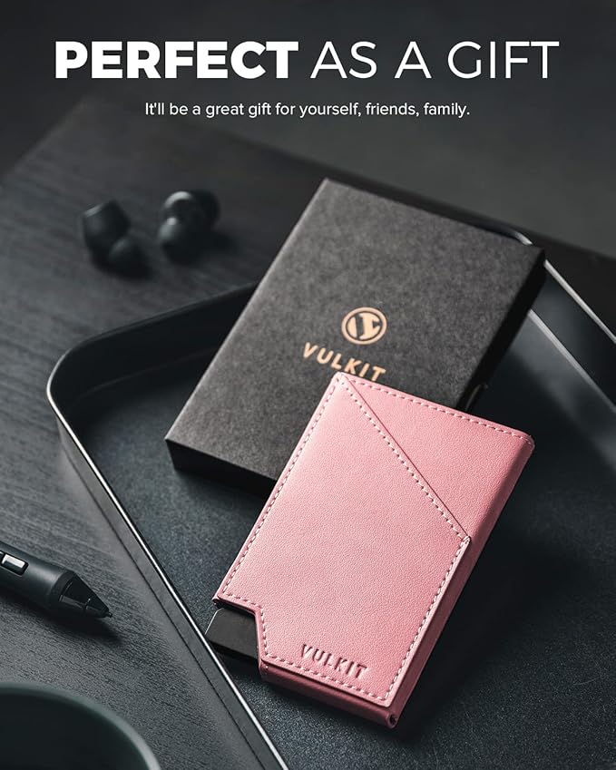 VULKIT Pop up Card Wallet RFID Blocking Slim Aluminum Metal Bank Card Holder Case with Business Money Pocket for Credit Cards Notes and Coins (Pink)